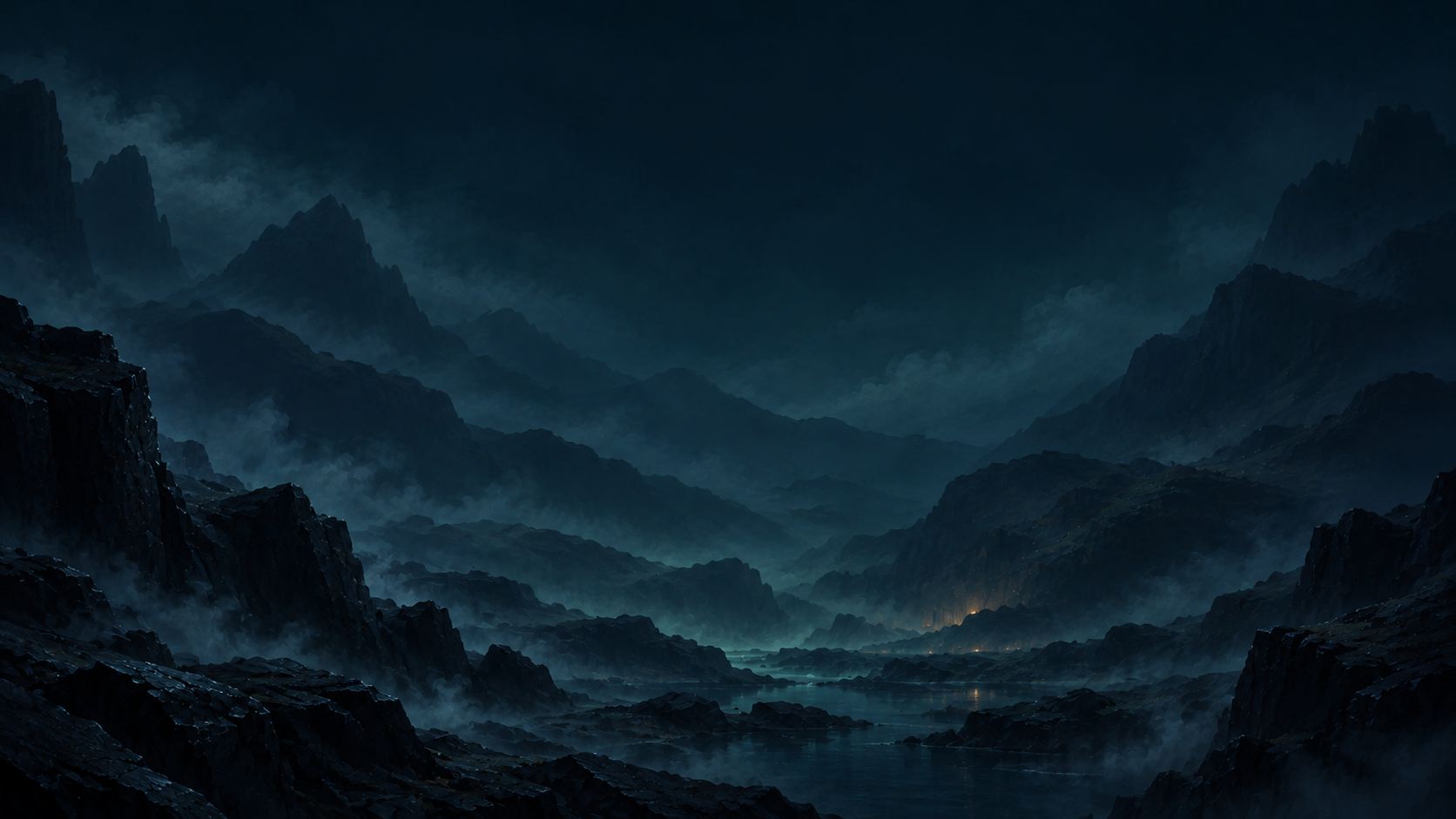 A dark misty mountain valley with a faint glow of forges far below