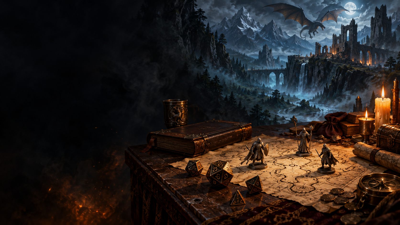 Dice, miniatures and a parchment map on a candlelit table, with a dragon over a ruined fortress beyond