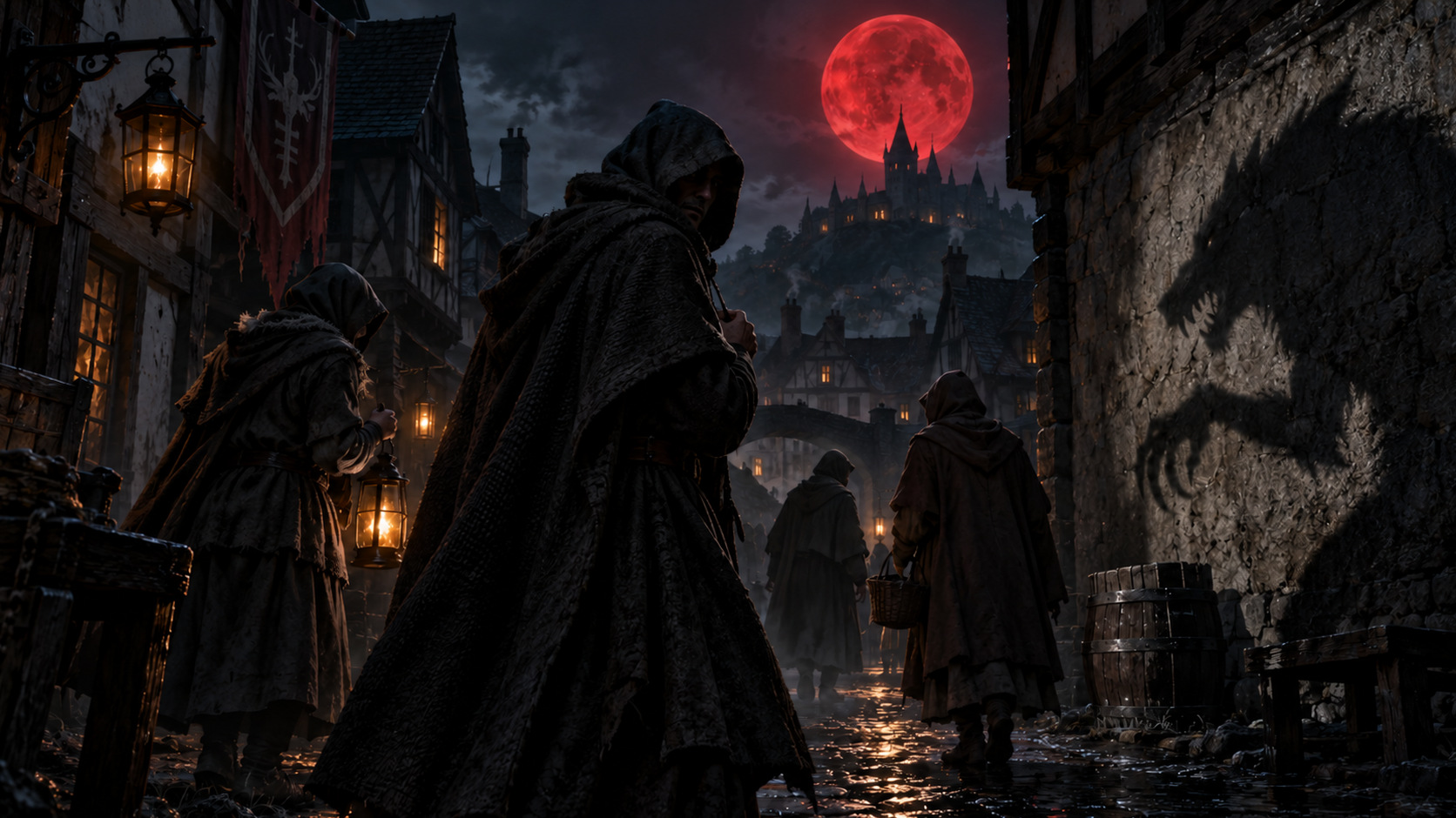 Hooded townsfolk in a lantern-lit street under a blood-red moon, a monster’s shadow cast on the wall beside them